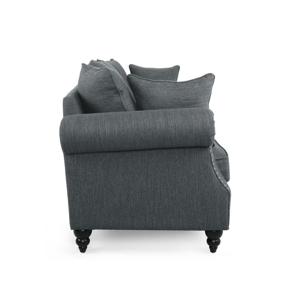 Noble House Viewland Fabric Pillowback 3 Seater Sofa with Nailhead Trim, Charcoal and Dark Brown