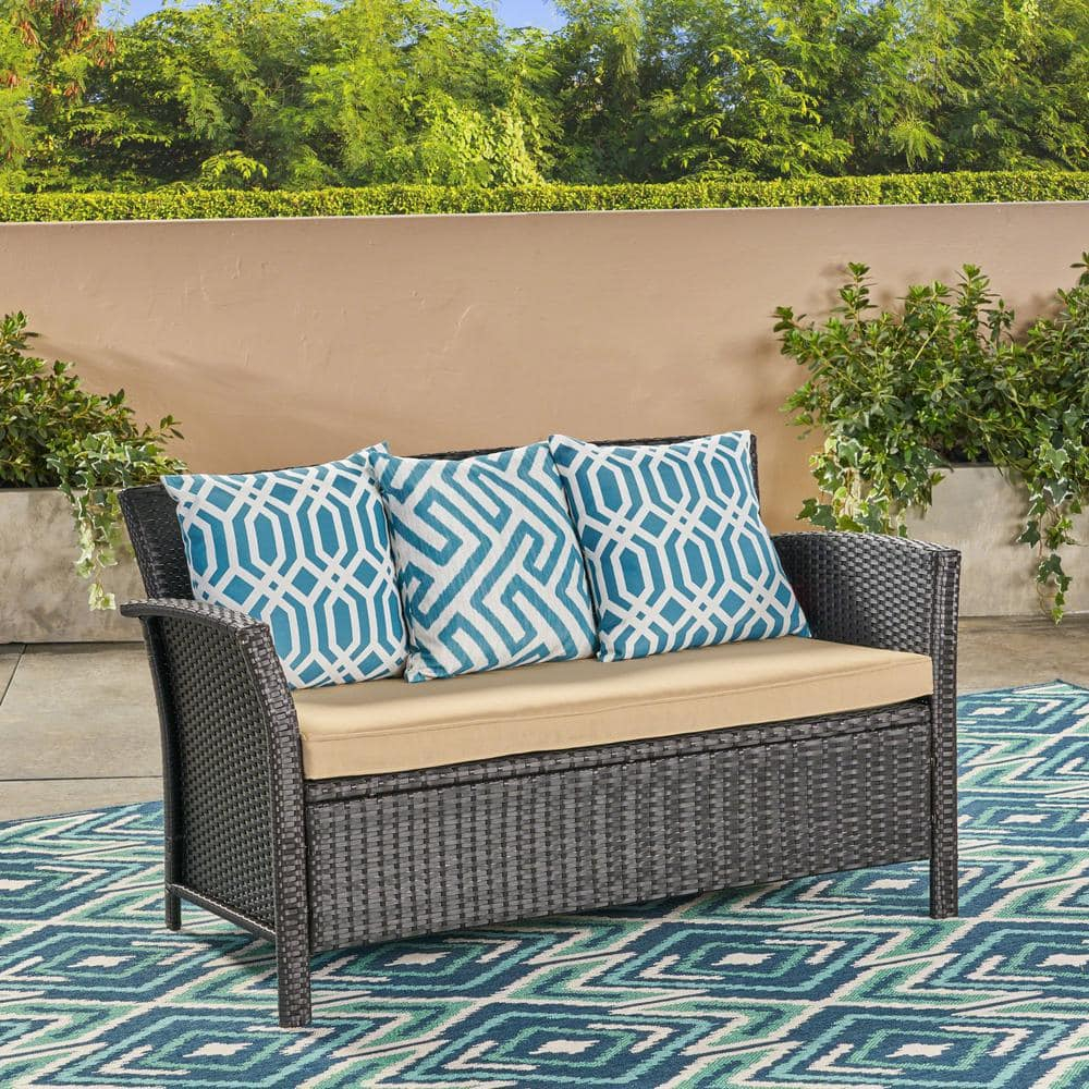 Anton Outdoor Wicker Loveseat with Cushion, Brown, Tan