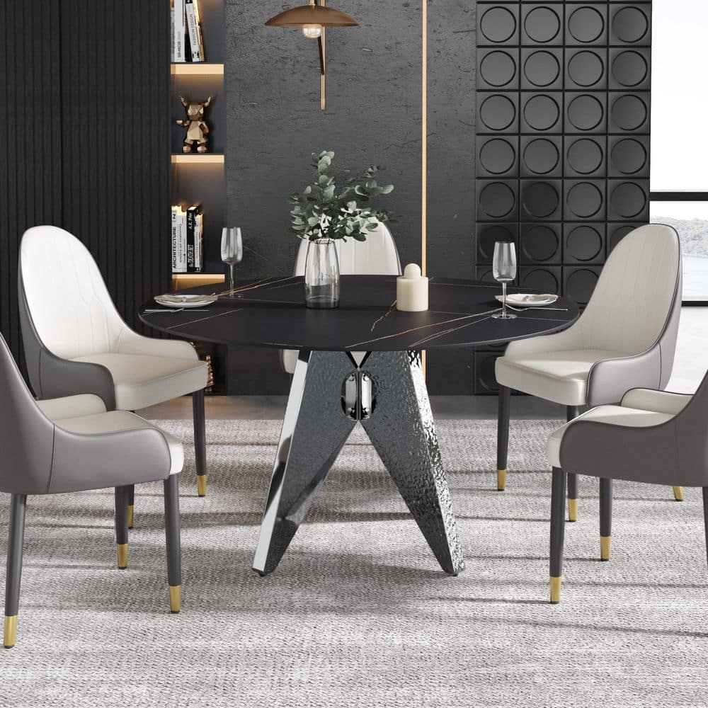 53.1 in. Black Round Sintered Stone Tabletop Silver Pedestal Base Kitchen Dining Table (Seats-6)
