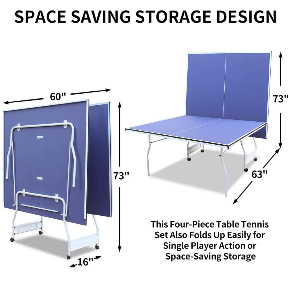 9ft Blue and Silver Foldable Table Tennis Set with Net and Paddles