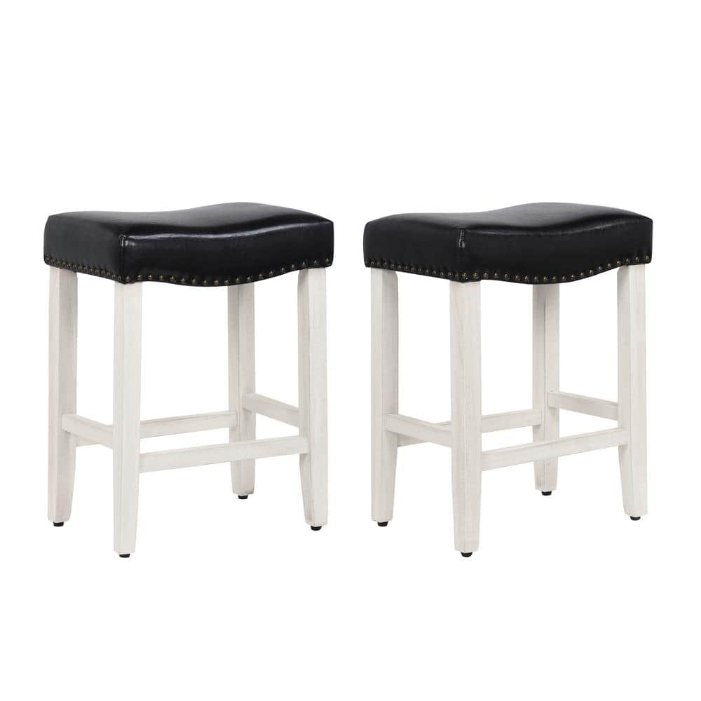 Polytrends Jameson Upholstered Polyester Antique White 24 Inch Counter Stool (Set Of 2) Antique White/Black Wood Rubberwood Footrest Leather Glam