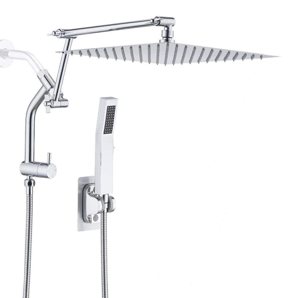PDPBath All Metal 12'' Rainfall Shower Head with Handheld Combo, Upgrade 3-Way Diverter with Pause Setting, High Pressure Rain Shower Head with Z-shaped Extension Arm, 59" Hose, Brushed Nickel