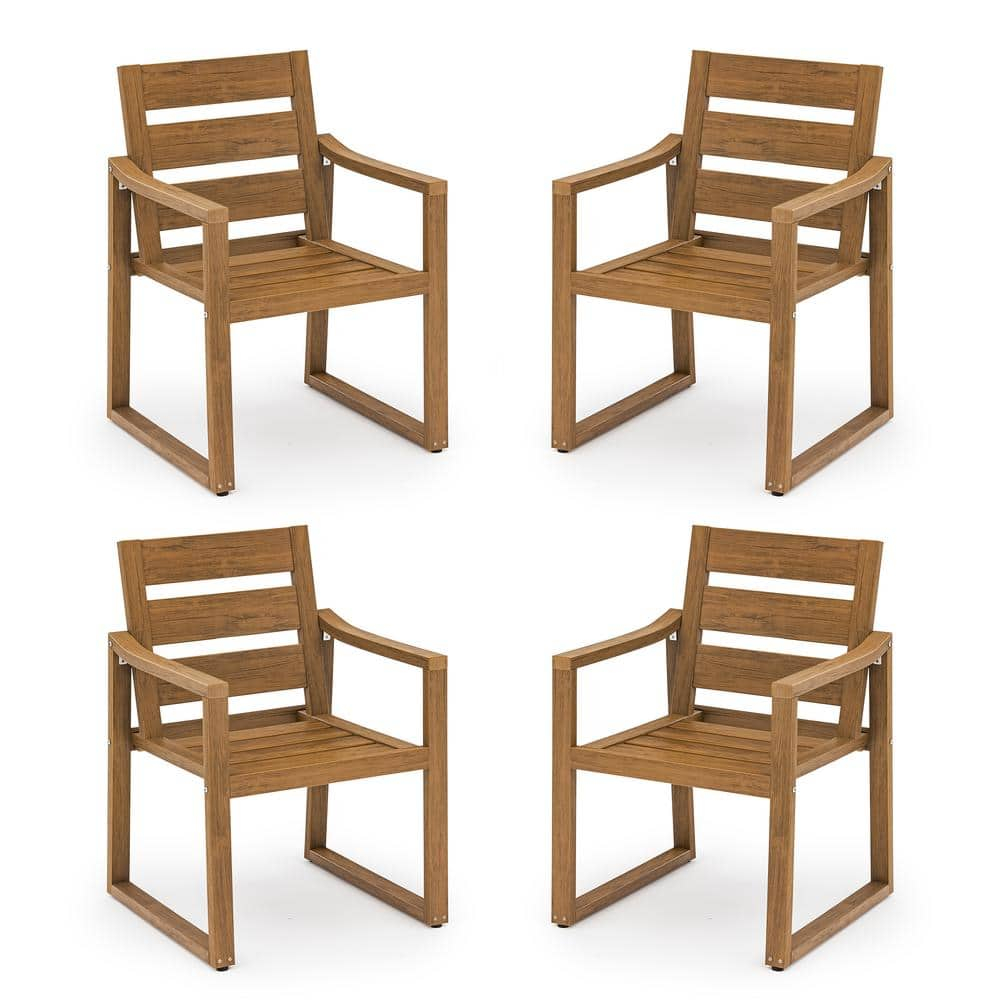 Brown Square-Leg Plastic HDPS Outdoor Dining Chairs All-Weather Indoor Outdoor Patio Dining Chairs with Armrest(4-pack)