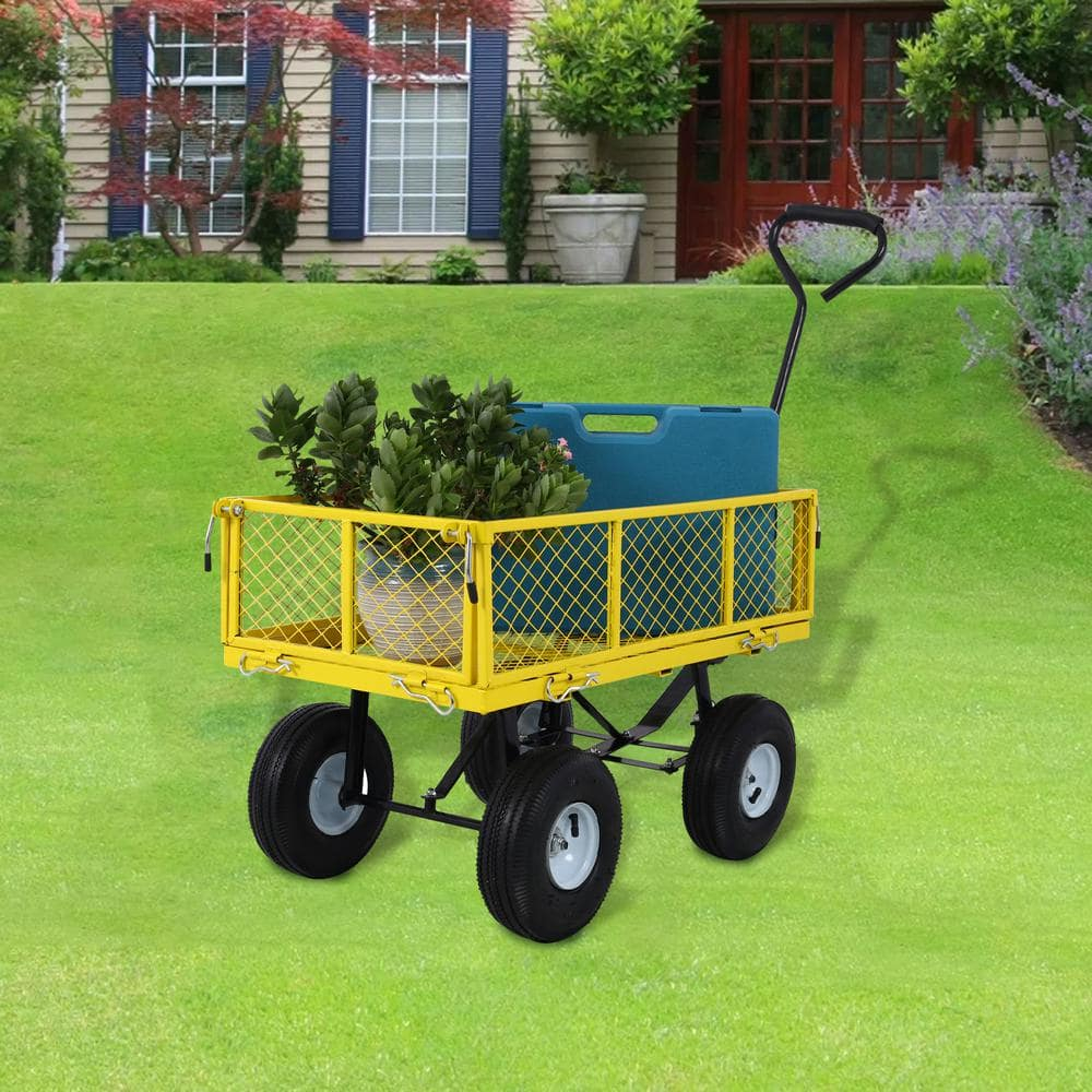 Yellow Steel Mesh Garden Cart with Pneumatic Tires and Removable Sides