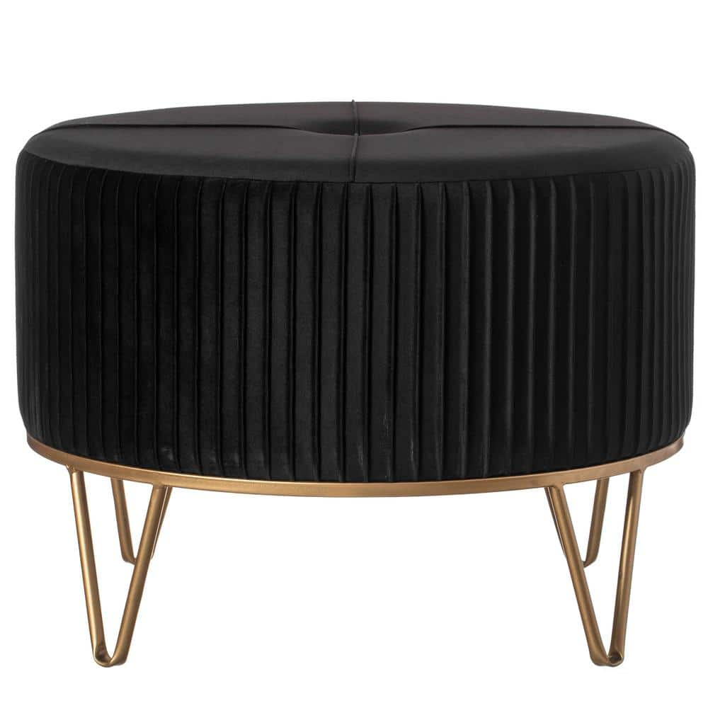 Fabulaxe Round Velvet Ottoman Stool Raised with Hairpin Gold Base, Black, Large