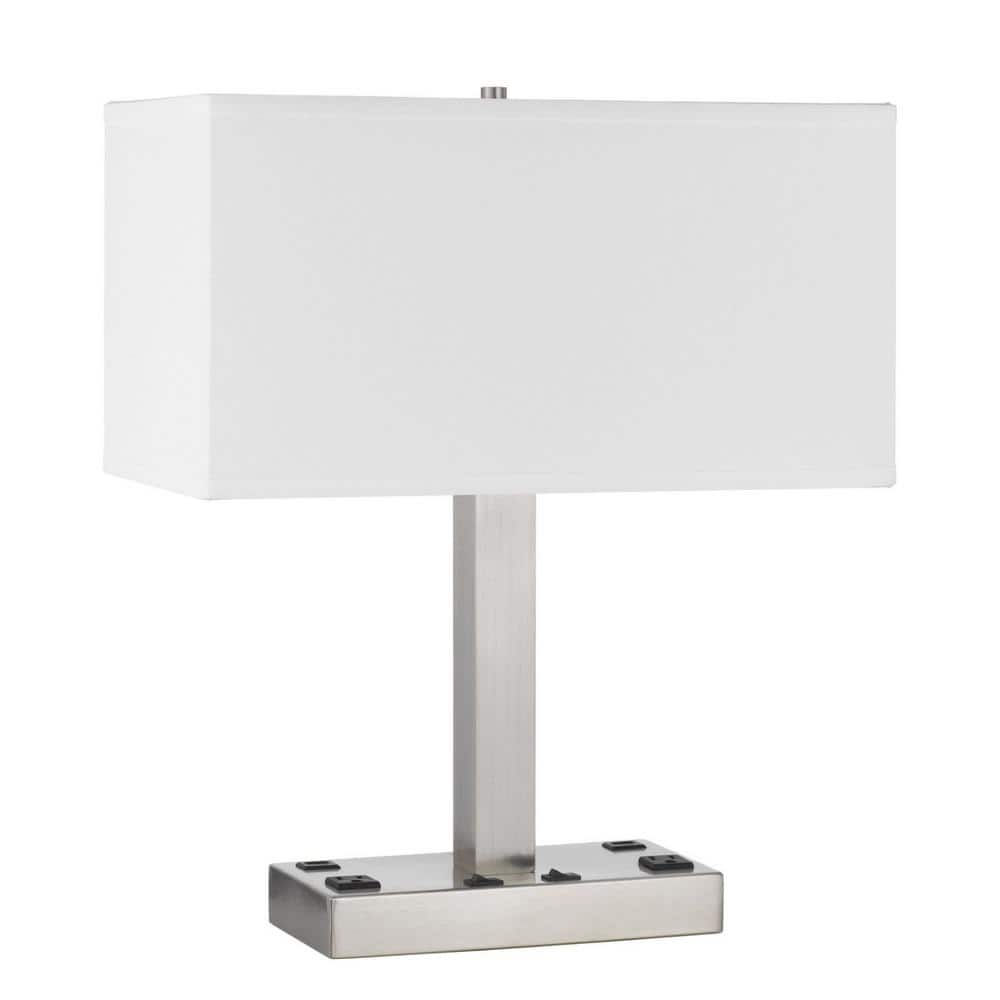 21 in. Nickel Metal Two Light Desk USB Table Lamp with White Rectangle Shade