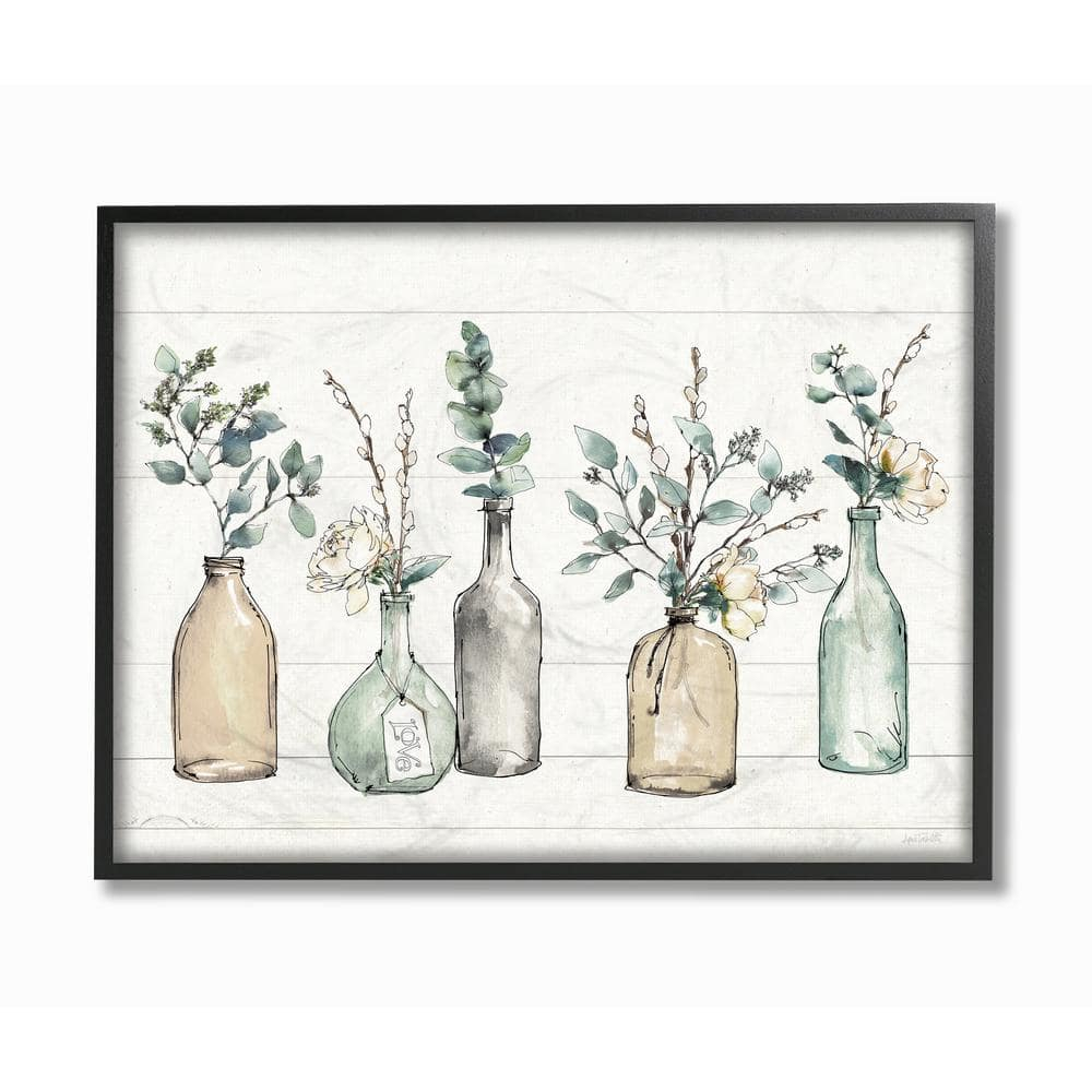 Stupell Industries Bottles And Plants Farm Wood Textured Design Framed Wall Art by Anne Tavoletti, 24" x 30", Black Framed