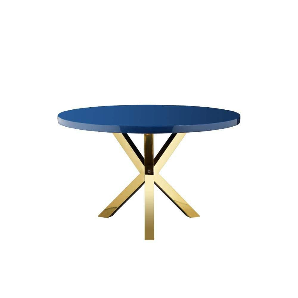 Benjara Emi 47 Inch Dining Table, Round White Lacquer Top, X Twisted Gold Legs