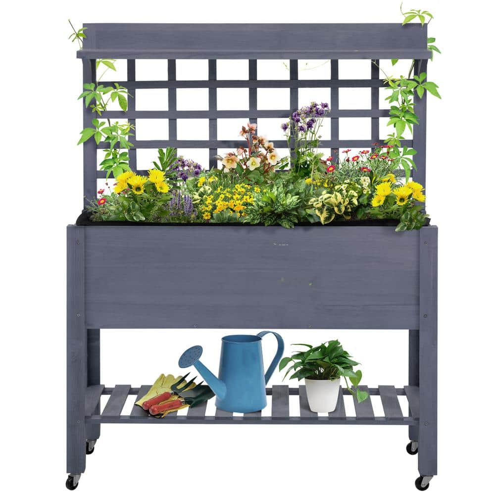 Gray Wood Raised Garden Bed with Trellis and Wheels