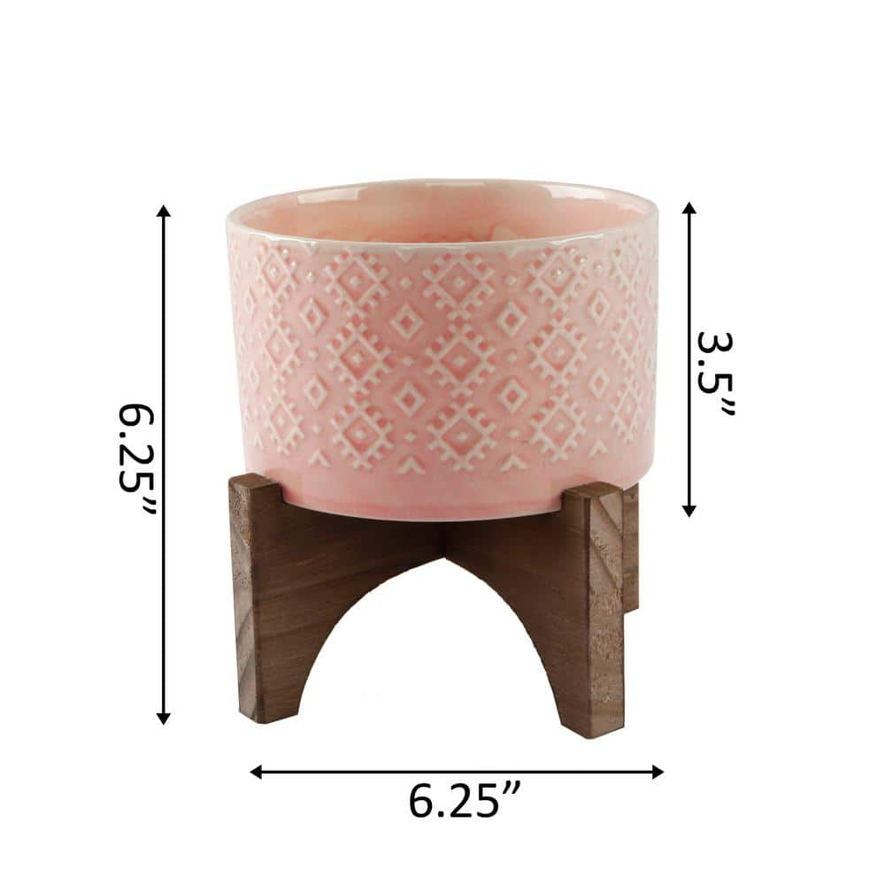 Flora Bunda Mid Century 5 inch India Ceramic Planter on Wood Stand,Glass Pink