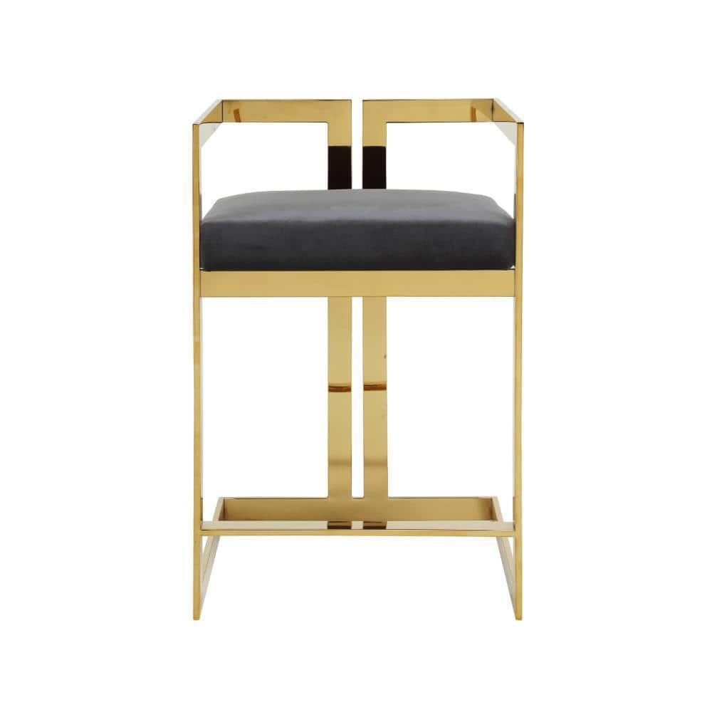 Benjara Suki 26 Inch Barstool Chair, Gray Velvet Seat, Stainless Steel, Gold Finish