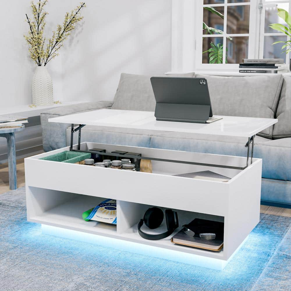 40" Modern Lift Top Coffee Table with Hidden Compartment White Coffee Table with LED Lights High Gloss Cocktail End Table with Open Shelf