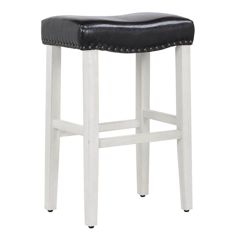Polytrends Jameson Upholstered Polyester 29" Bar Stool - Saddle Seat/ White Legs Antique White/Black