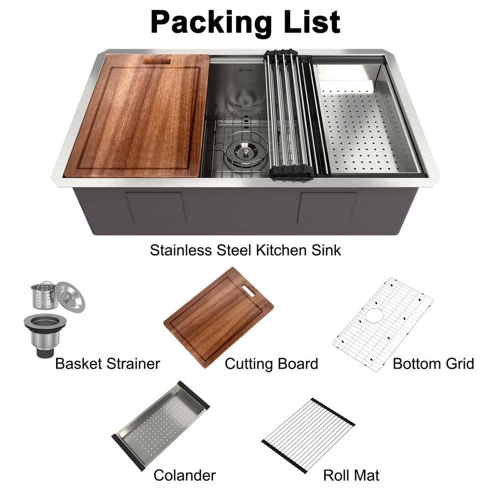 32 in. Undermount Single Bowl 18-Gauge Stainless Steel Kitchen Sink with Cutting Board, Rolling Drying Rack and Colander
