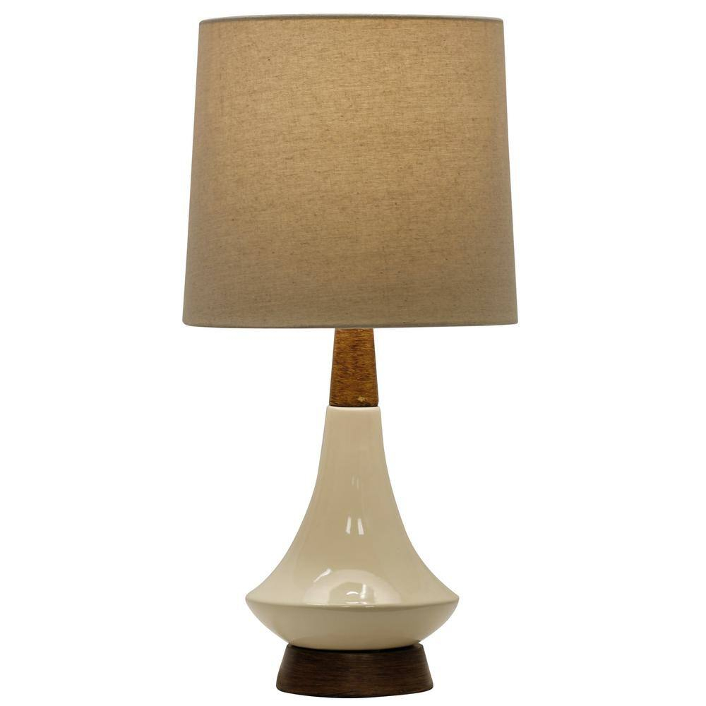 Poly Resin & Ceramic Table Lamp - Faux Wood, Cream Finish - White Hardback Styrene Shade