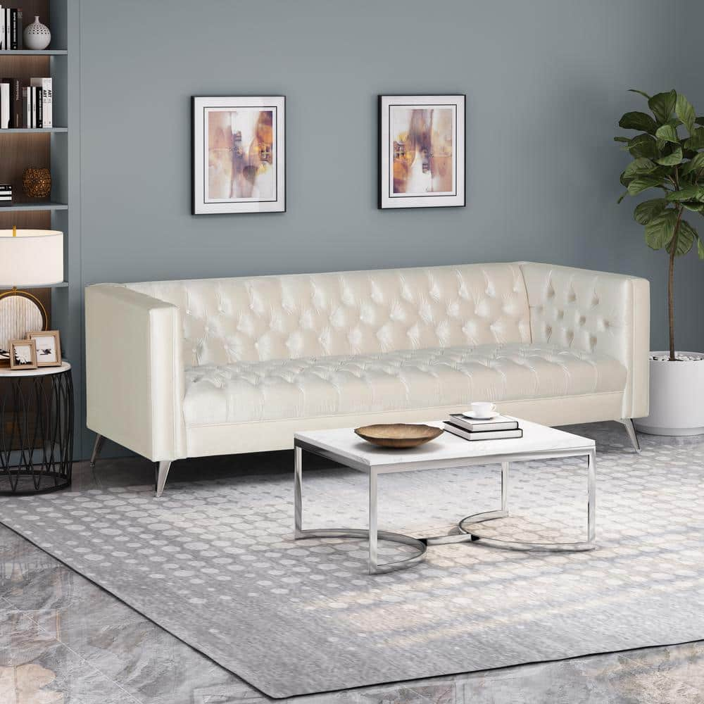 Noble House Camden Tufted Velvet Sofa, Beige, Silver