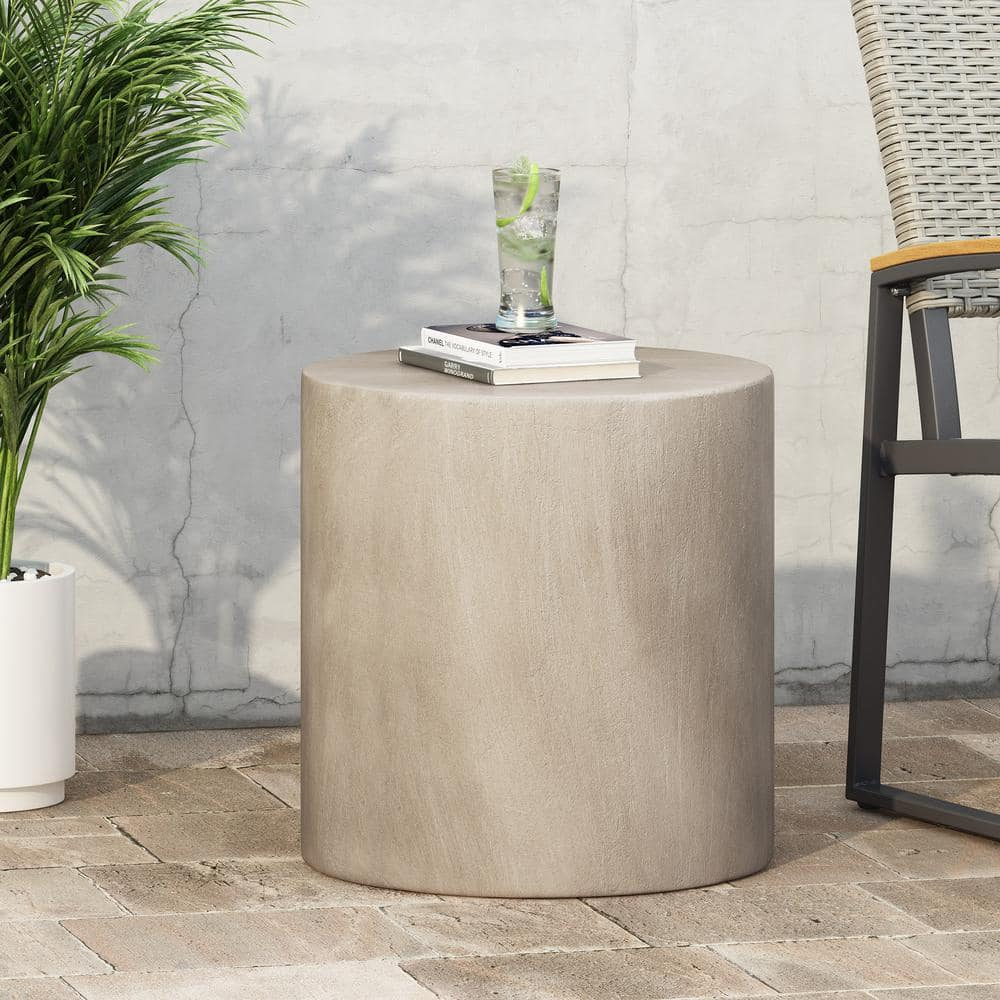 Noble House Massey Outdoor Cylindrical Concrete Stone Side Table in Light Gray
