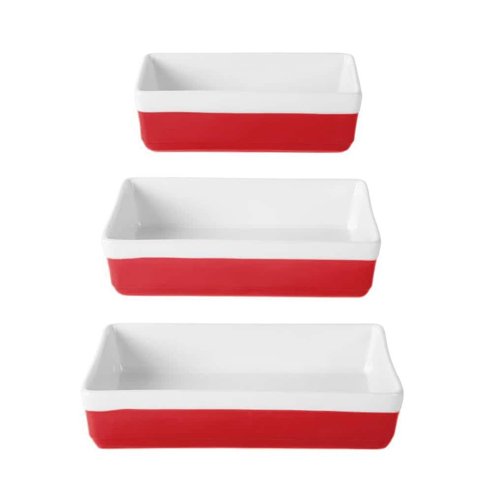 3-Piece Rectangular Stoneware Nesting Baker Set in Red