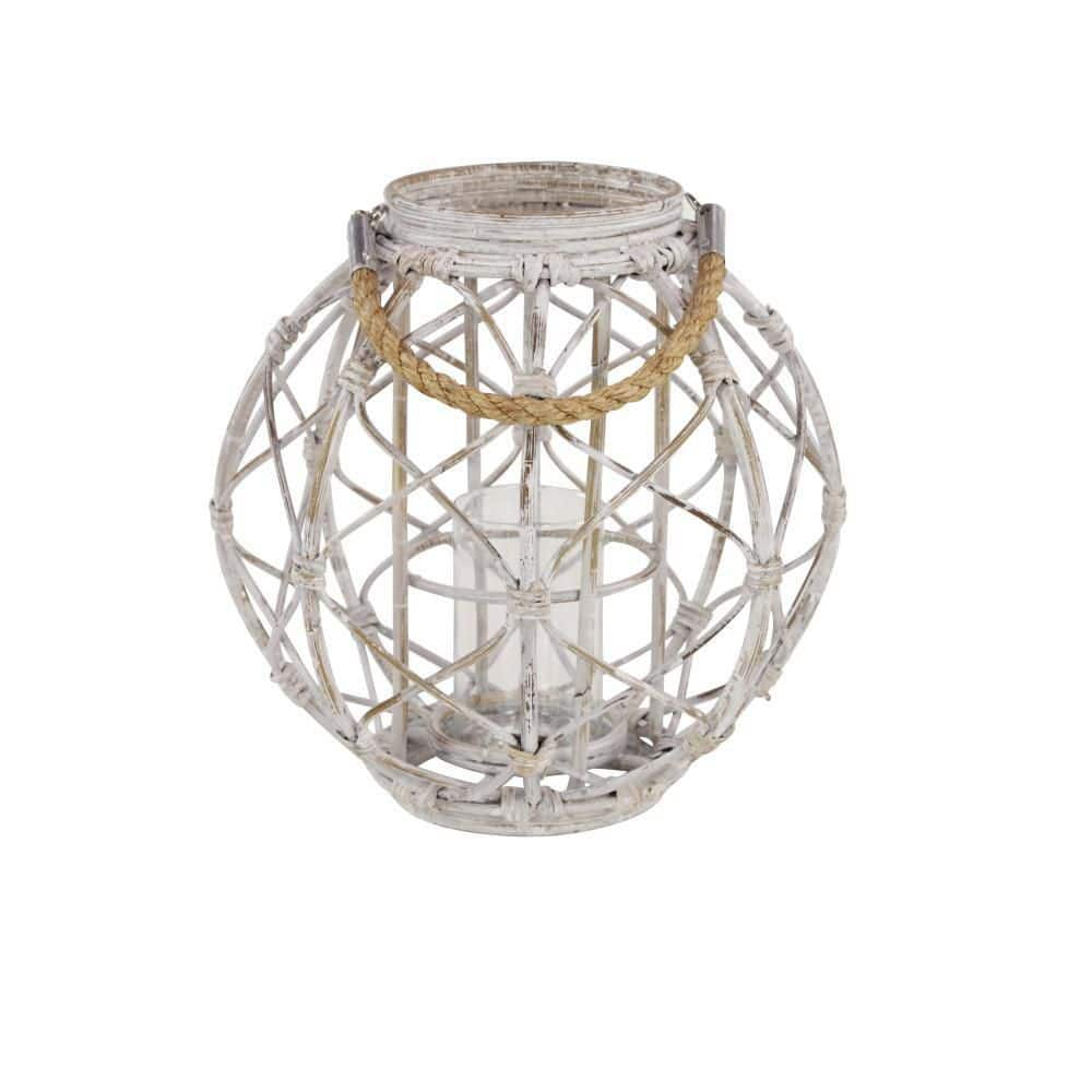 Decmode Large Round Woven Rattan White Lantern with Burlap Jute Rope Handle and Glass Insert, 15” x 15”