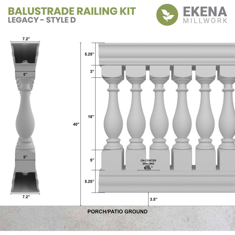 Ekena Millwork 40"H x 3'L Fiberthane Legacy Unassembled Balustrade Railing Kit, Style D (6 1/4" On-Center Spacing to Pass 4" Sphere Code)