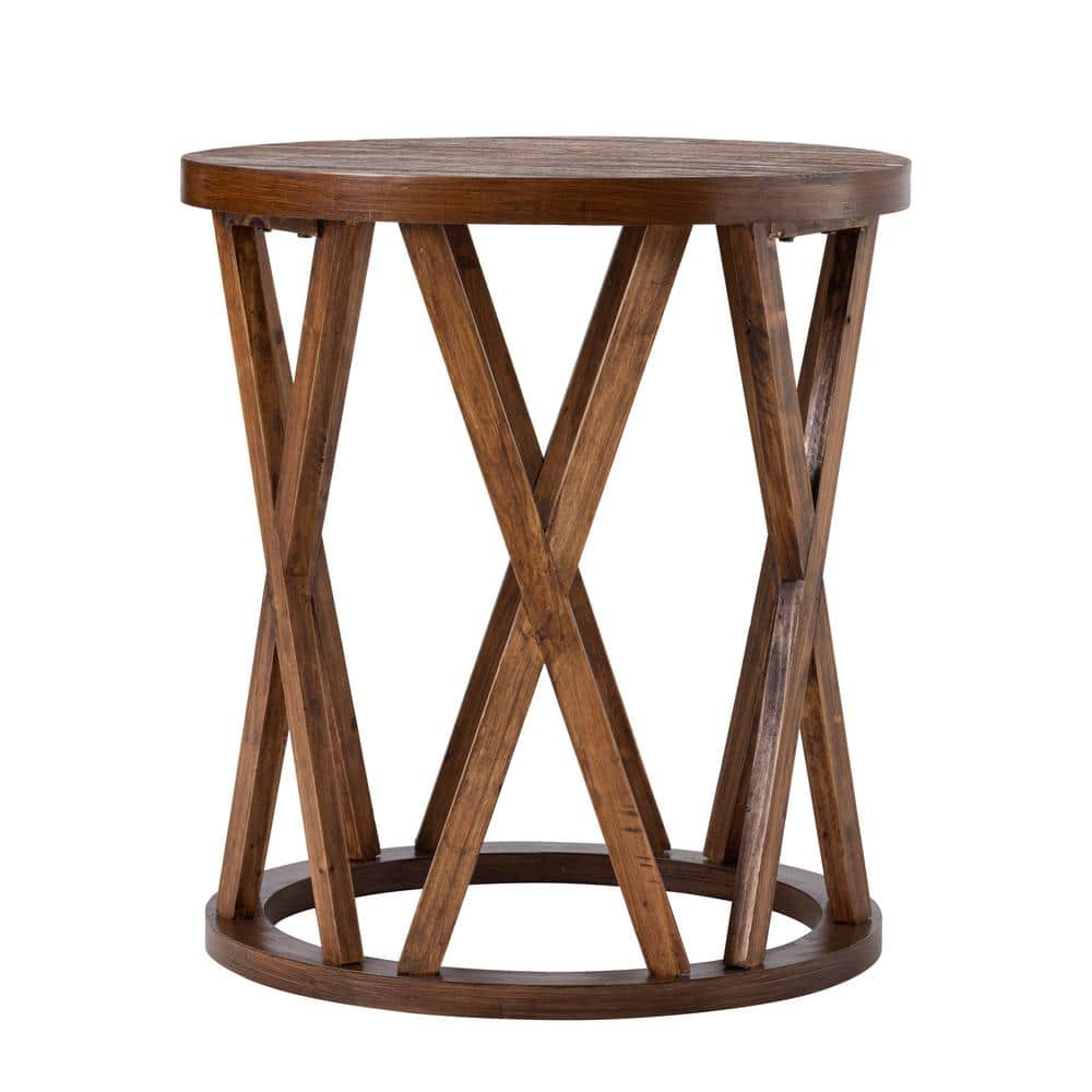 Rustic Brown Round Wood End Table with X-Motif Legs