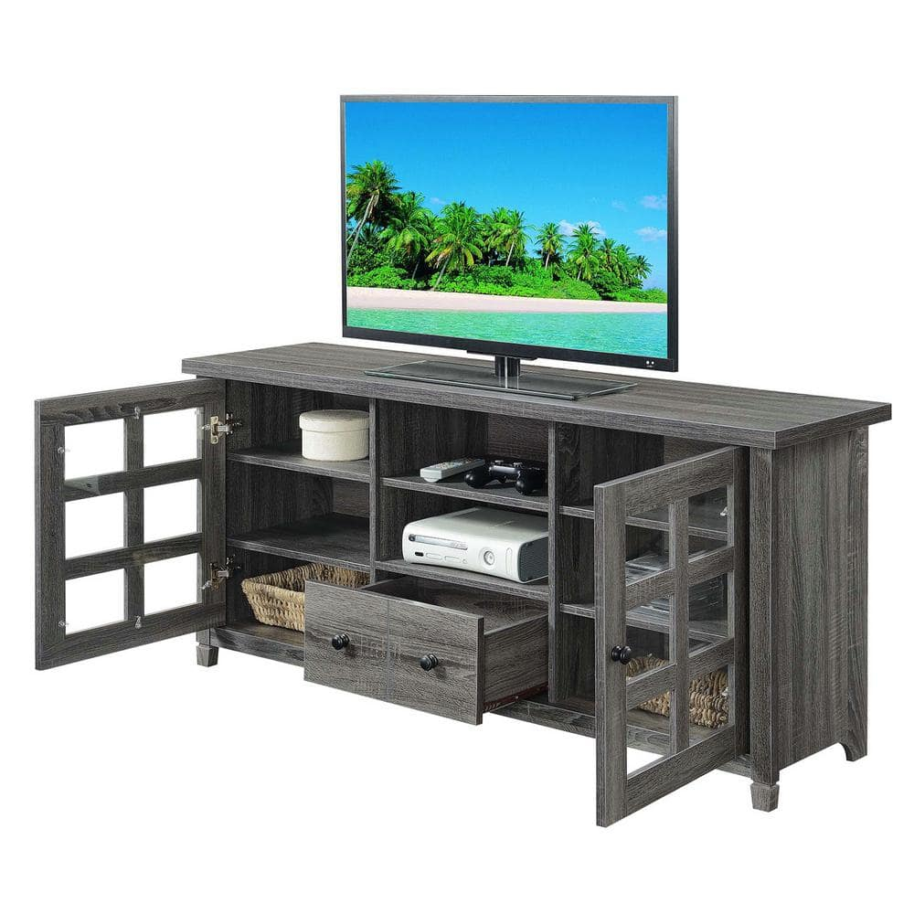 Convenience Concepts Newport Park Lane 1 Drawer TV Stand with Storage Cabinets and Shelves for TVs up to 65 Inches, Weathered Gray