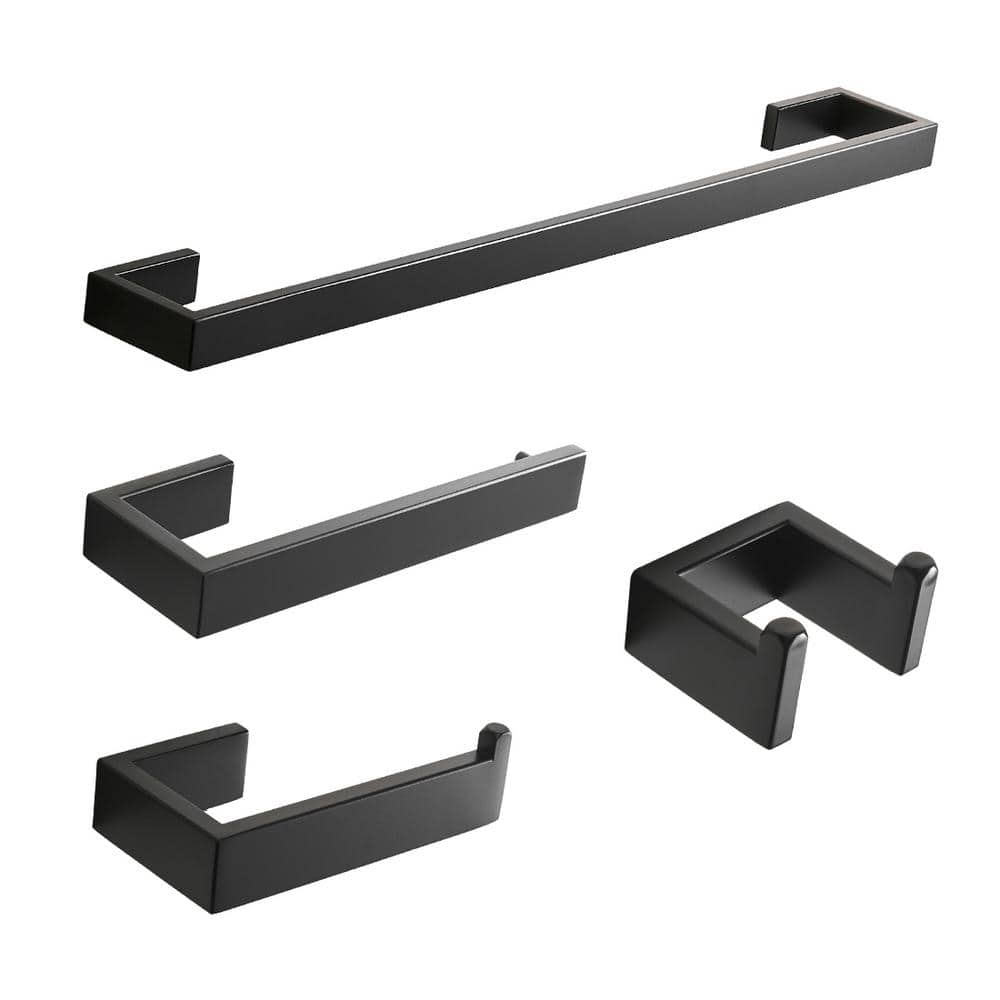 4-Piece Bathroom Hardware Accessory Set with 24" Towel Bar Towel Ring Paper Holder Robe Hook Matte Black