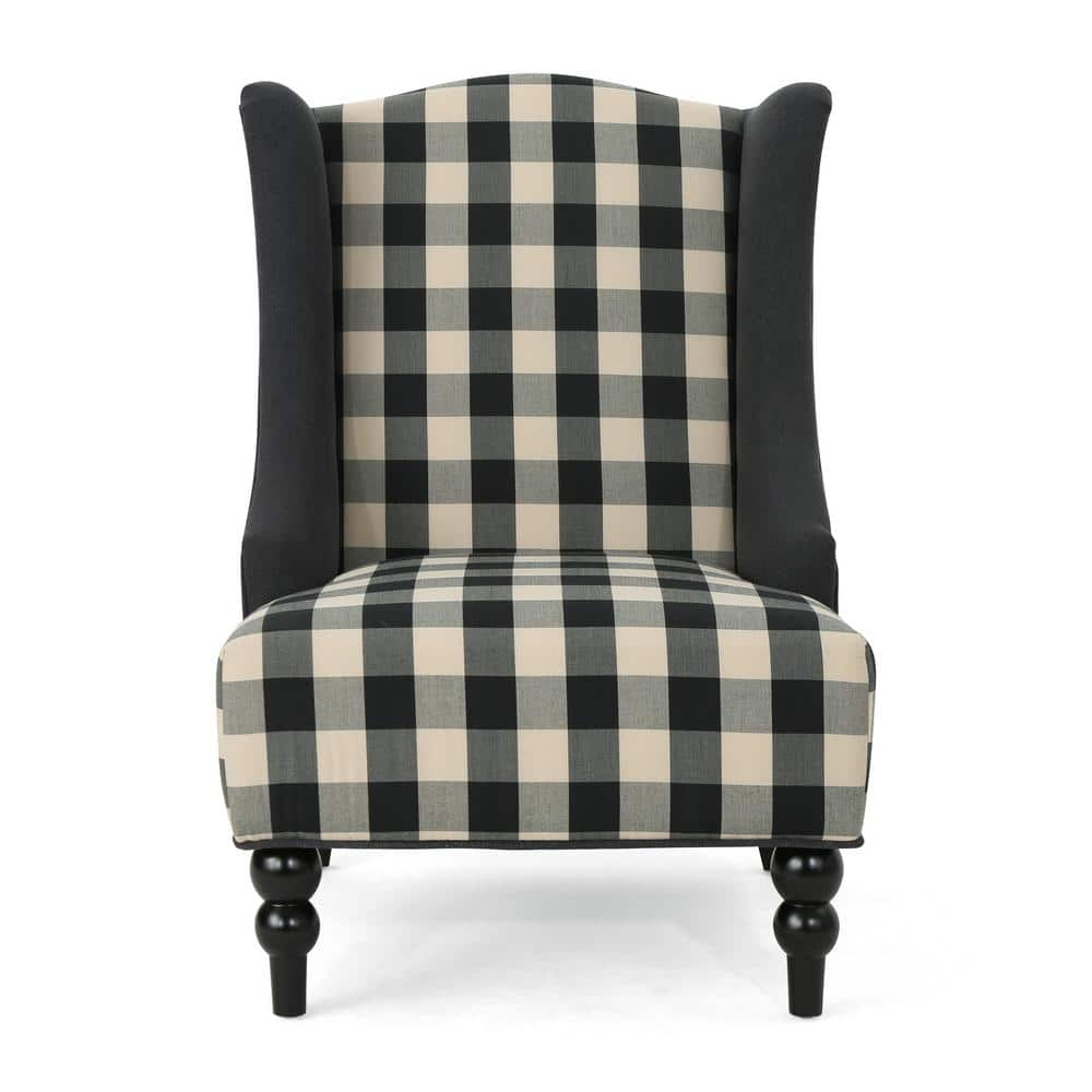 Noble House Charles Fabric High-Back Wingback Chair, Black Checkerboard