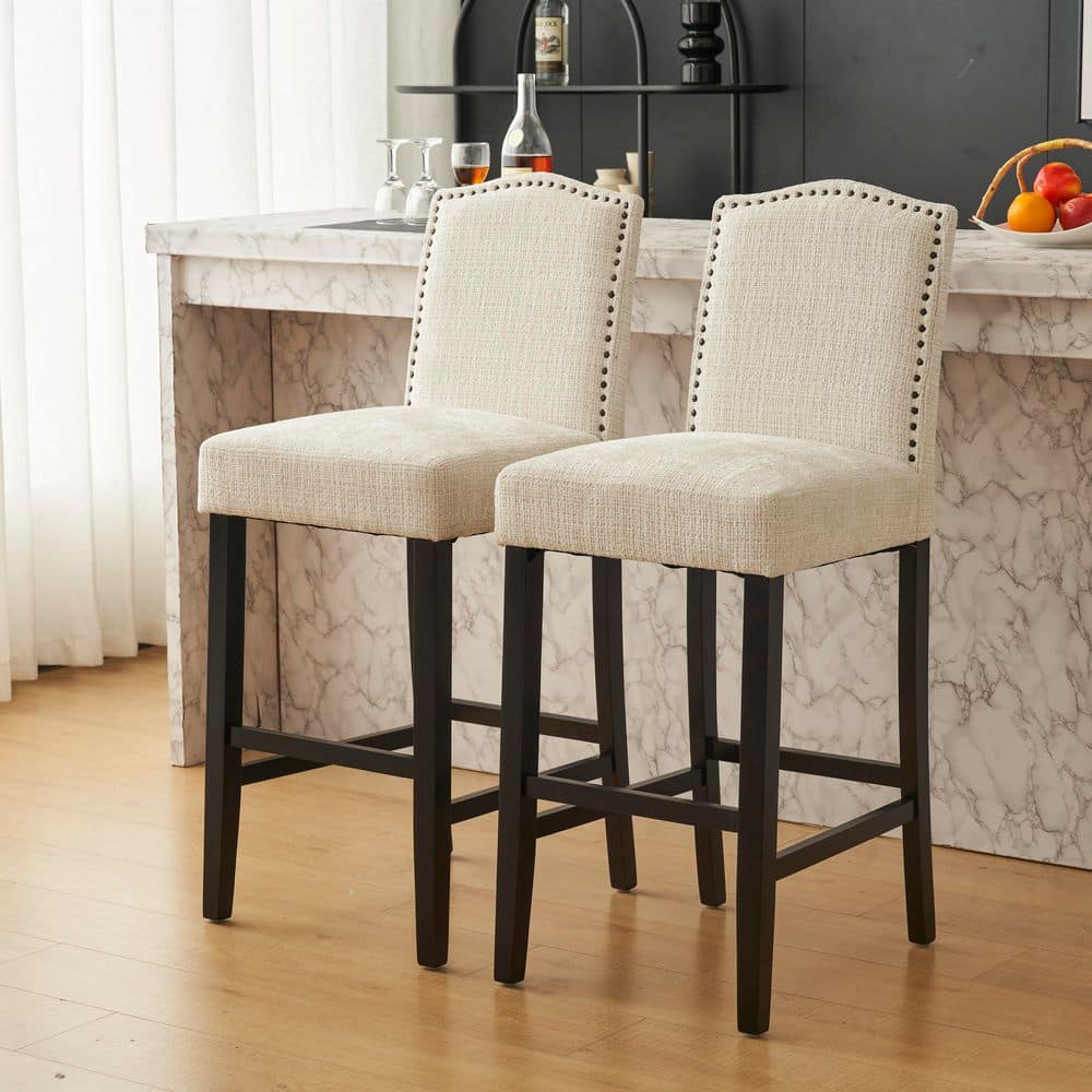 Christopher Knight Home Transitional 30.75" Fabric Upholstered Bar Stools with Solid Wood Frame, Beige, Set of 2