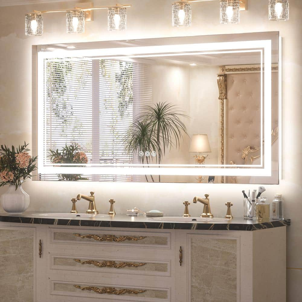 Keonjinn LED Bathroom Mirror 48" x 24" with Frontlit and Backlit, Stepless 3 Colors Temperature & Dimmable Wall Mirror, Tempered Glass, UL Listed LED Driver, Double LED Strips Lighted Vanity Mirror