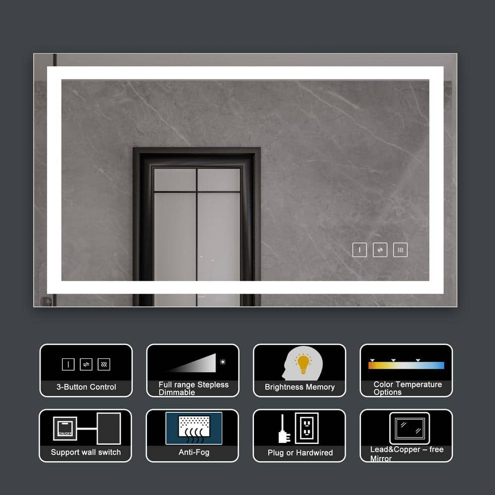 40 in. W x 24 in. H Rectangular Frameless Anti-Fog LED Light Wall Mount Bathroom Vanity Mirror in Tempered Glass