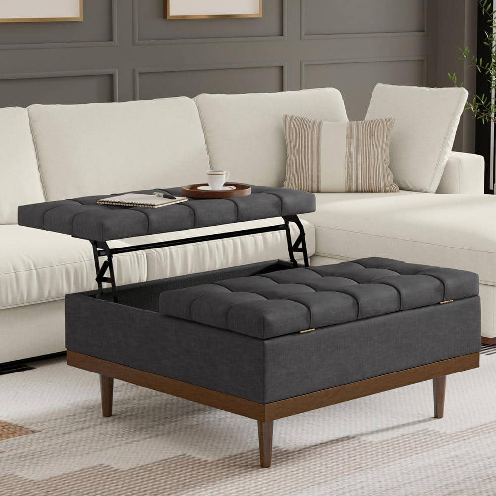 Slate Grey Tufted Lift-Top Cocktail Ottoman with Walnut Base