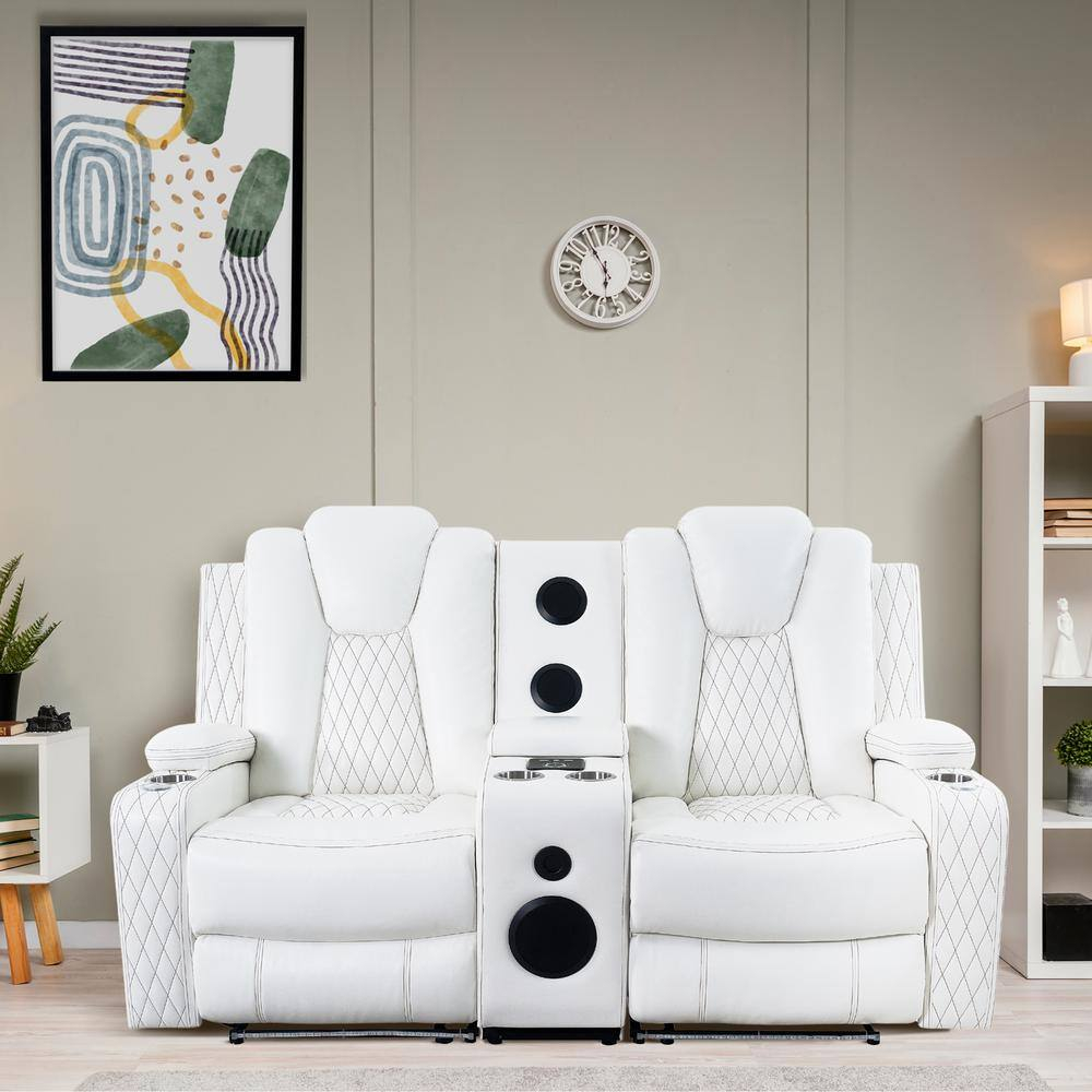 Home Theater Seating, Gaming Couch for Adults, Wireless Charging Movie Theater Couch, Power Recline Loveseat with 6 Cup Holders and Tray, Powerful in-Built Speaker, USB-Color:White,Fabric:Air Leather