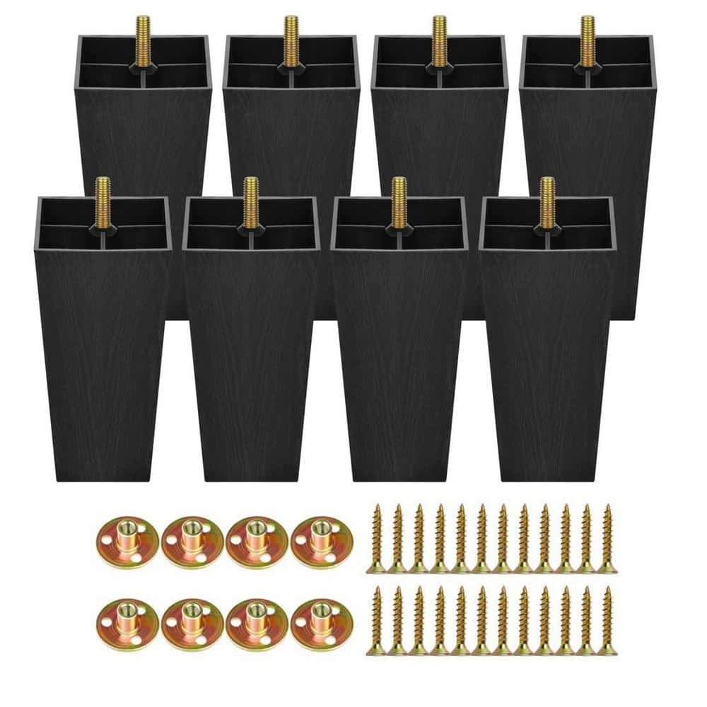 TURSTIN 8 Pack 5.7 Inch Furniture Legs Plastic Sofa Coach Legs Square Tapered Feet Sofa Legs with T-Nuts Screws for Legs Sofas Chairs Cabinets Dressers Beds, Black