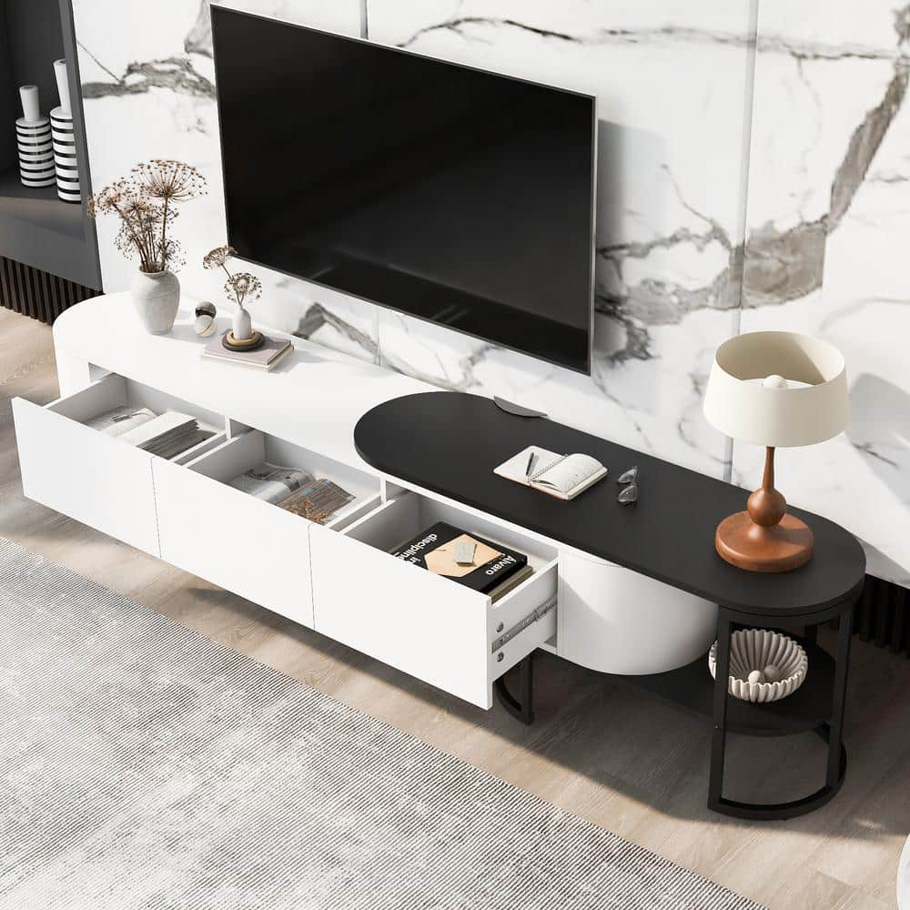 White and Black Modern TV Stand with 3 Drawers and Shelves
