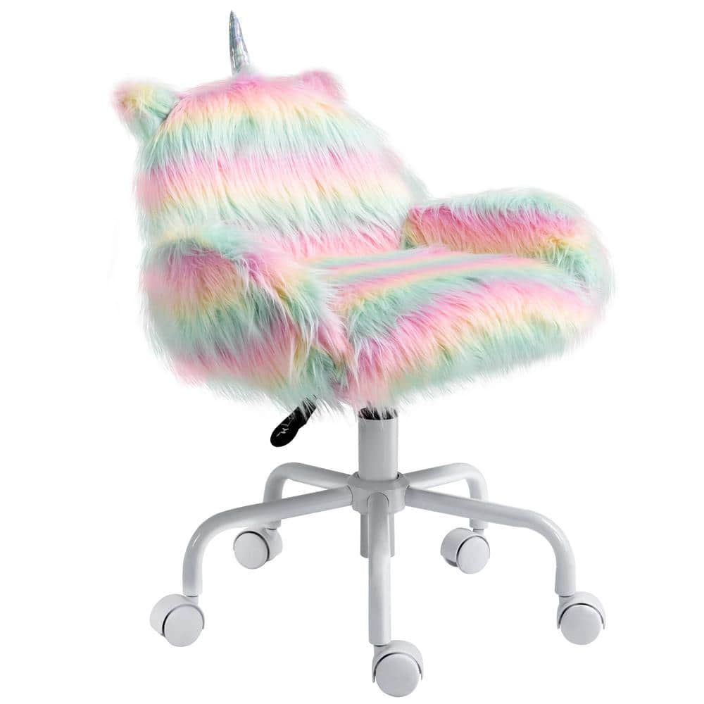 Canddidliike Fluffy Unicorn Office Chair, Desk Chair with Mid-Back and Armrest Support, Desk Chair with 5 Star Swivel Wheel White Base, Multicolored