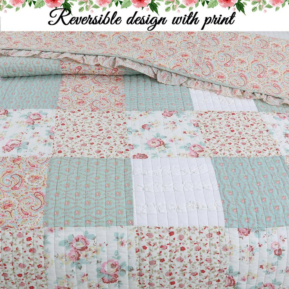 Cozy Line Home Fashions 100% Cotton Real Patchwork Floral Coral Pink Ruffled Shabby Chic Girly Reversible Quilt Bedding Set, Coverlet Bedspread (Sweet Roses, Queen - 3 Piece)