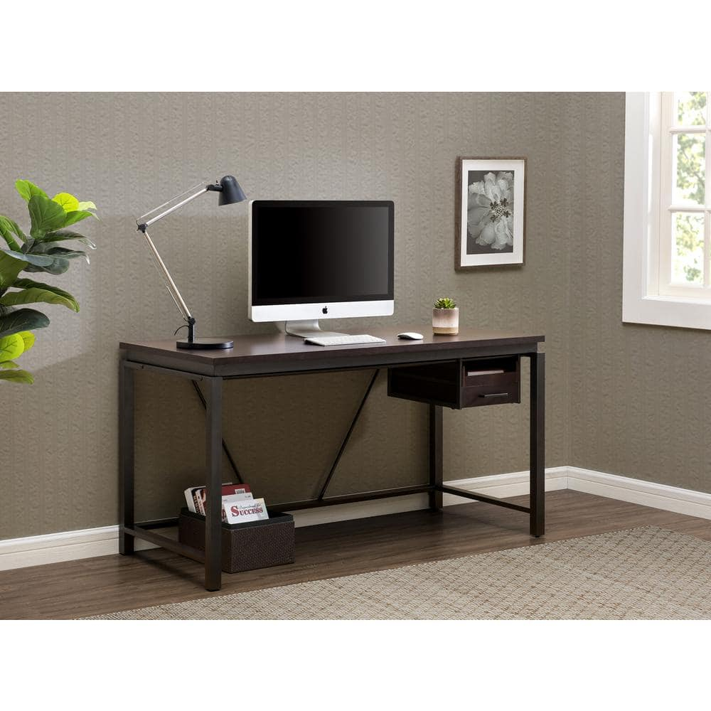 Sunjoy 58" Brown Wood Finish Writing Study Laptop Computer Desk Home Office Workstation with Motion Storage Drawer and Metal Frame