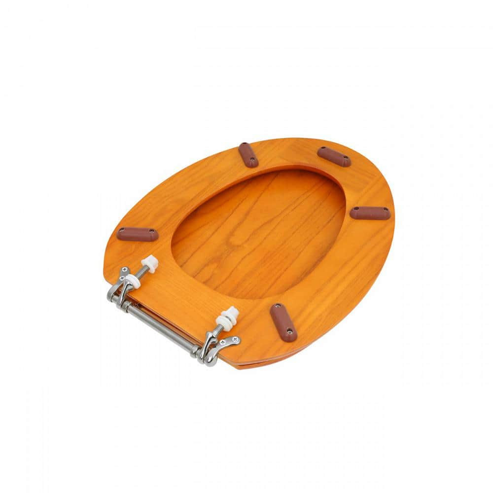 Golden Oak Elongated Wooden Toilet Seat with Chrome Hinges
