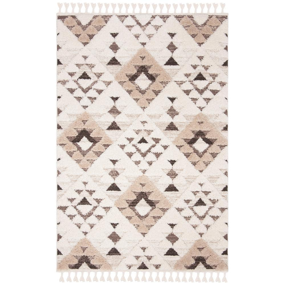 SAFAVIEH Moroccan Tassel Shag Larry Moroccan Geometric Area Rug, Ivory/Brown, 5'3" x 7'6"