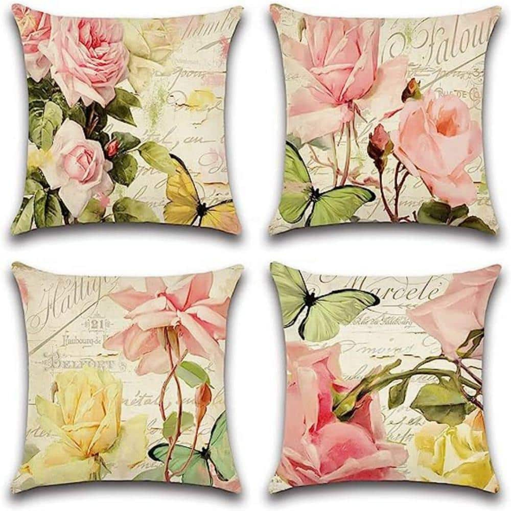 Artscope Set of 4 Waterproof Throw Pillow Covers 18x18 Inches, Pink Roses and Butterfly Pattern Decorative Cushion Covers, Perfect to Outdoor Patio Garden Living Room Sofa Farmhouse Decor