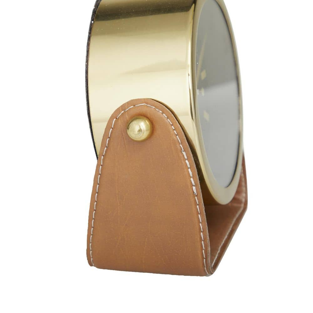 Deco 79 Stainless Steel Metal Clock with Leather Stand, 6" x 3" x 6", Gold