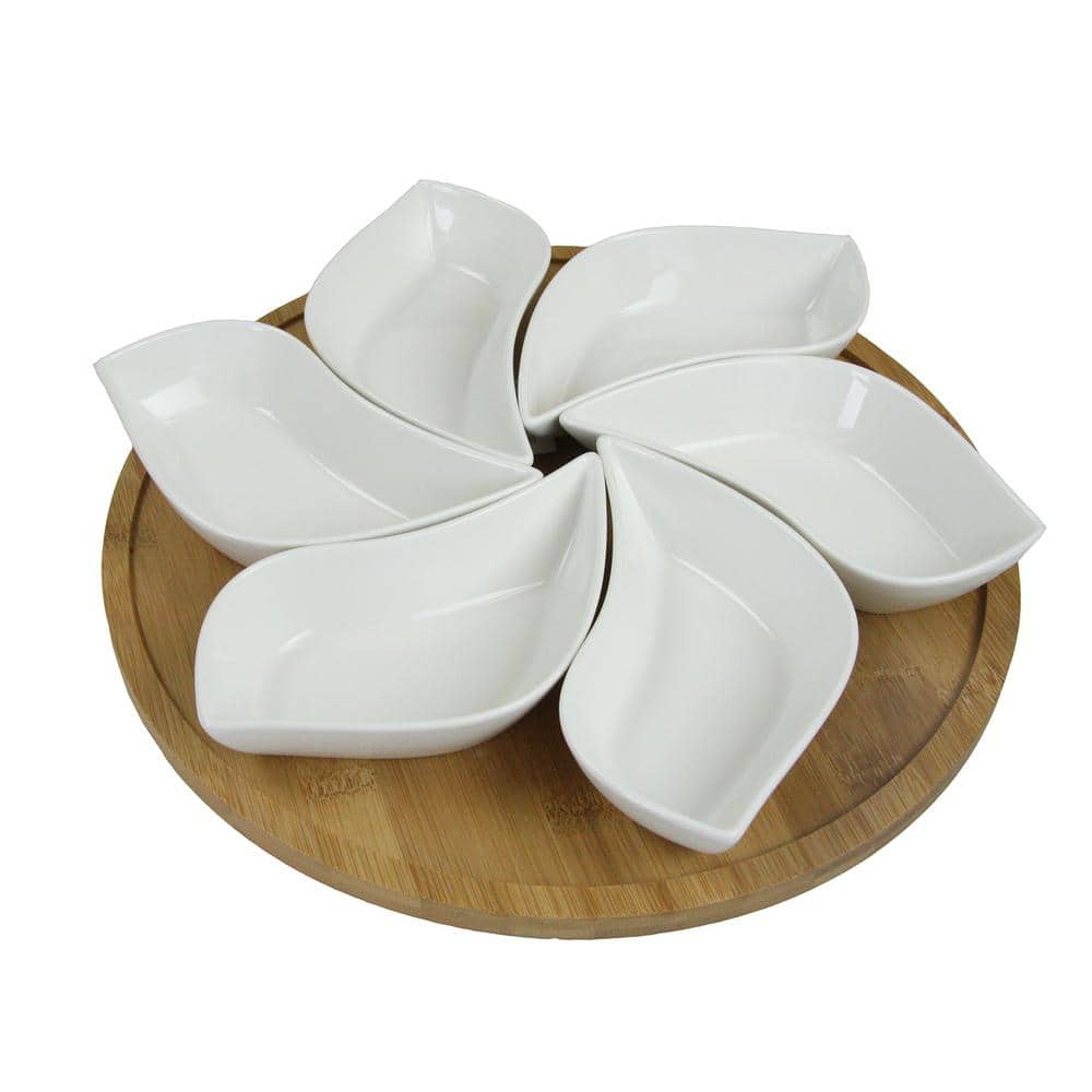 Elama Ceramic Stoneware Condiment Appetizer Set, 7 Piece, Wavy Round in White and Natural Bamboo