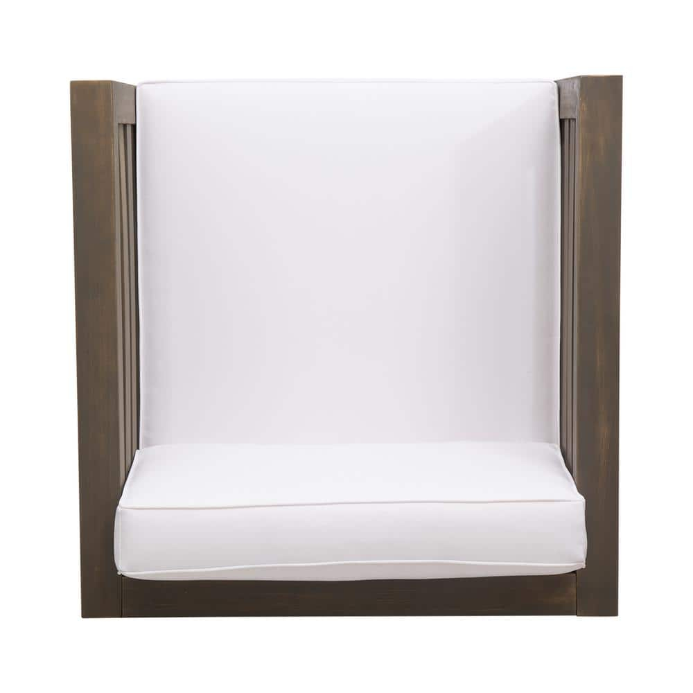Frankie Outdoor Acacia Wood Club Chair with Cushion, Gray and White