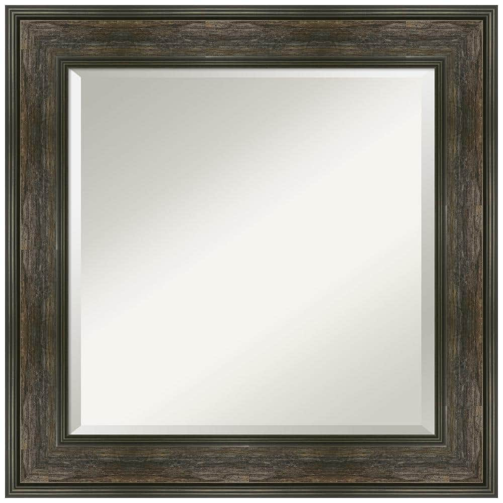 Amanti Art Beveled Bathroom Wall Mirror - Rail Rustic Char Frame - Rail Rustic Char Outer Size: 26 x 26 in