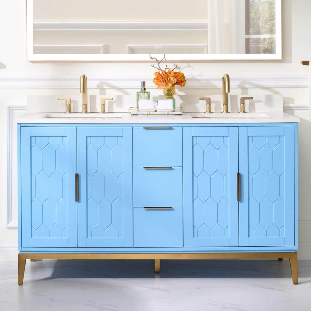 60 in Blue Solid Wood Double Sink Vanity with White Quartz Top