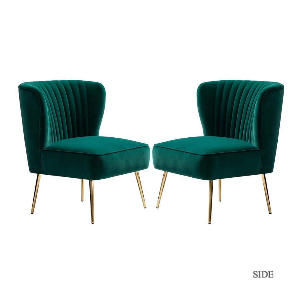 Velvet Accent Chair Set of 2 Upholstered Adult Side Chairs Gold Leg Home Bedroom Green