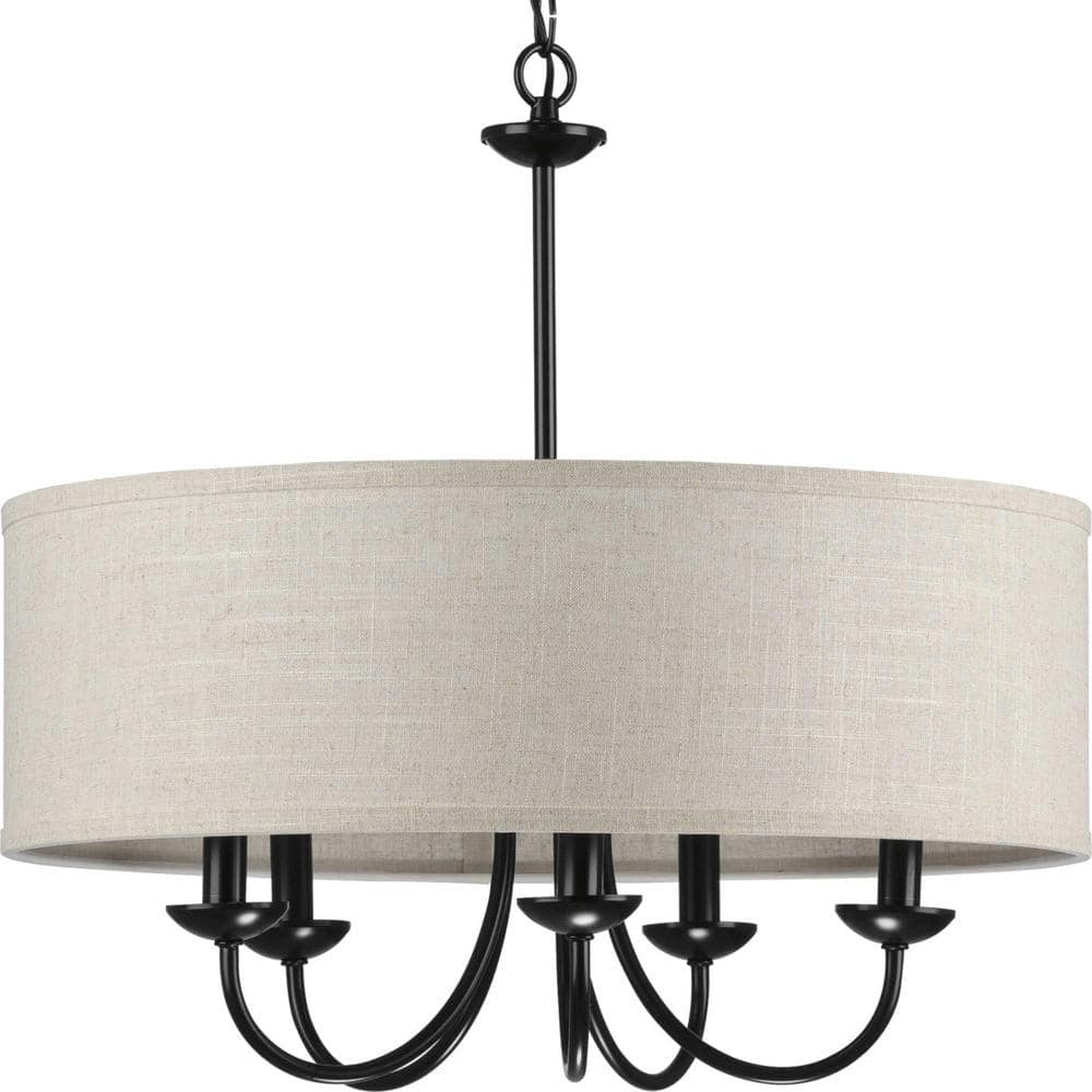 Progress Lighting, Drum Shade Collection, 5-Light Pendant, Black Finish, Harvest Linen Shade