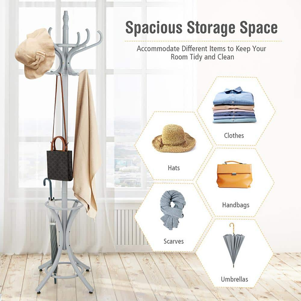 Tangkula 75.5" Standing Coat Rack, Wood Coat Tree with 12 Hooks, Home Hat Jacket Hanger Tree 12 with Umbrella Holder Coat Stand (Grey)