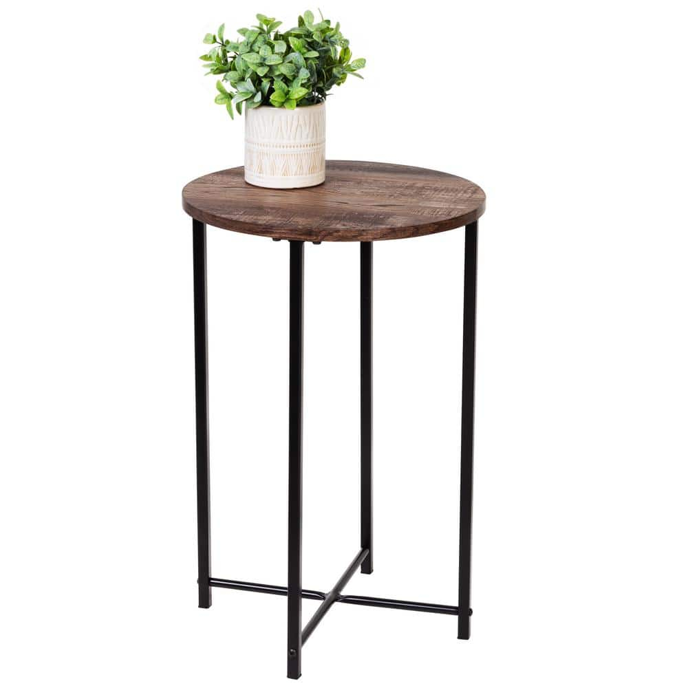 Honey-Can-Do Steel and MDF Round Side Table with X-Pattern Base, Black/Natural